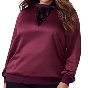 Lane Bryant Maroon Satin Lace Detail Sweatshirt Style Ties at Back Neck Sz 26